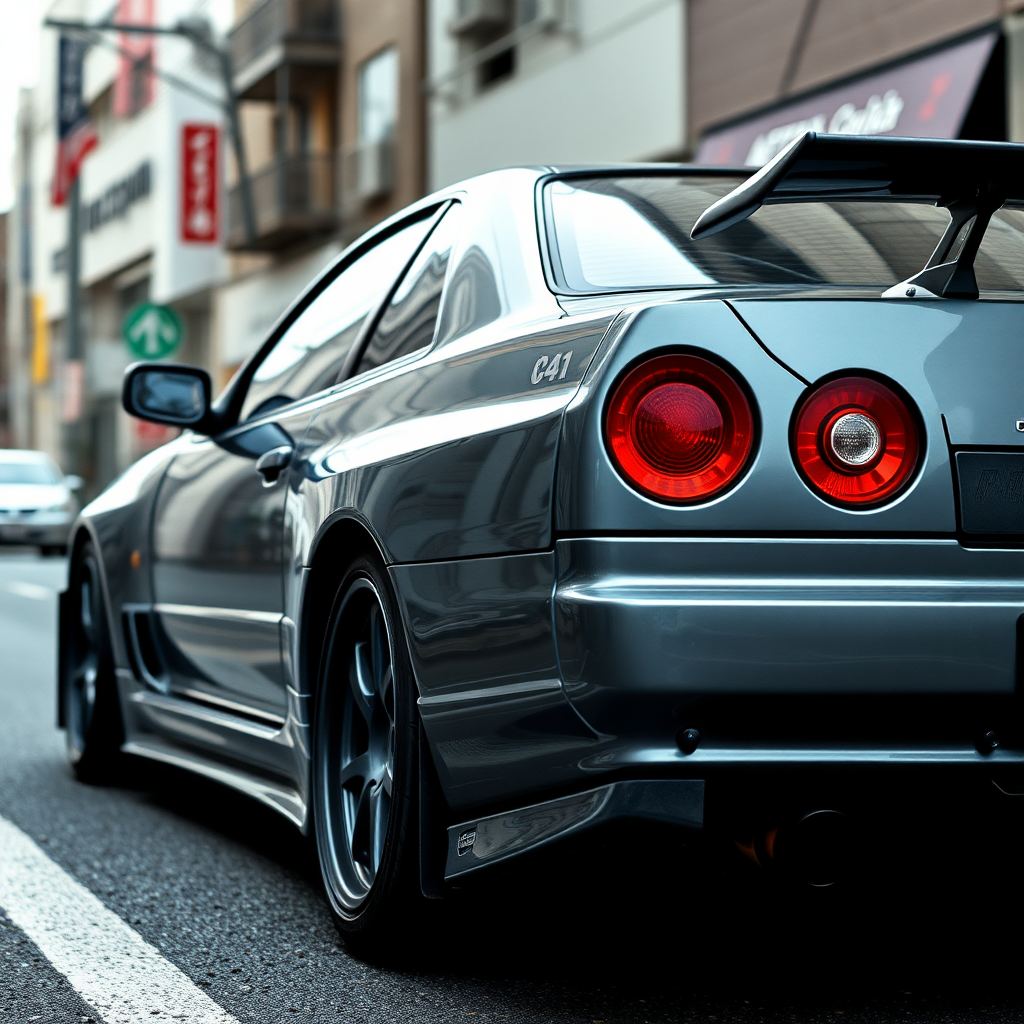 The car is parked on the side of the road, inspired by Taiyō Matsumoto, tumblr, restomod, nd4, c4 metallic shine gray black nissan skyline r34 kalabalik tokyo gece arkaplan