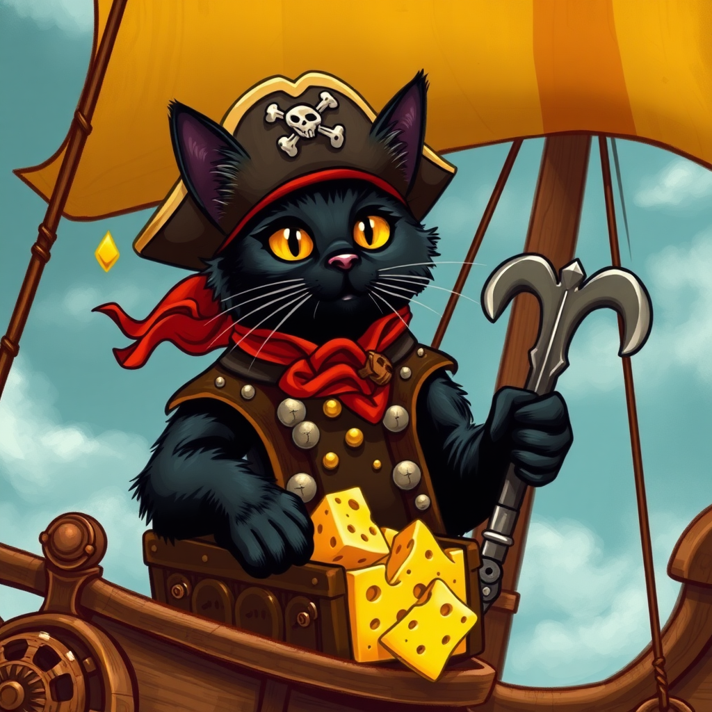 Black cat pirate Captain with treasure cheese filled with cheese on a pirate airship, steampunk