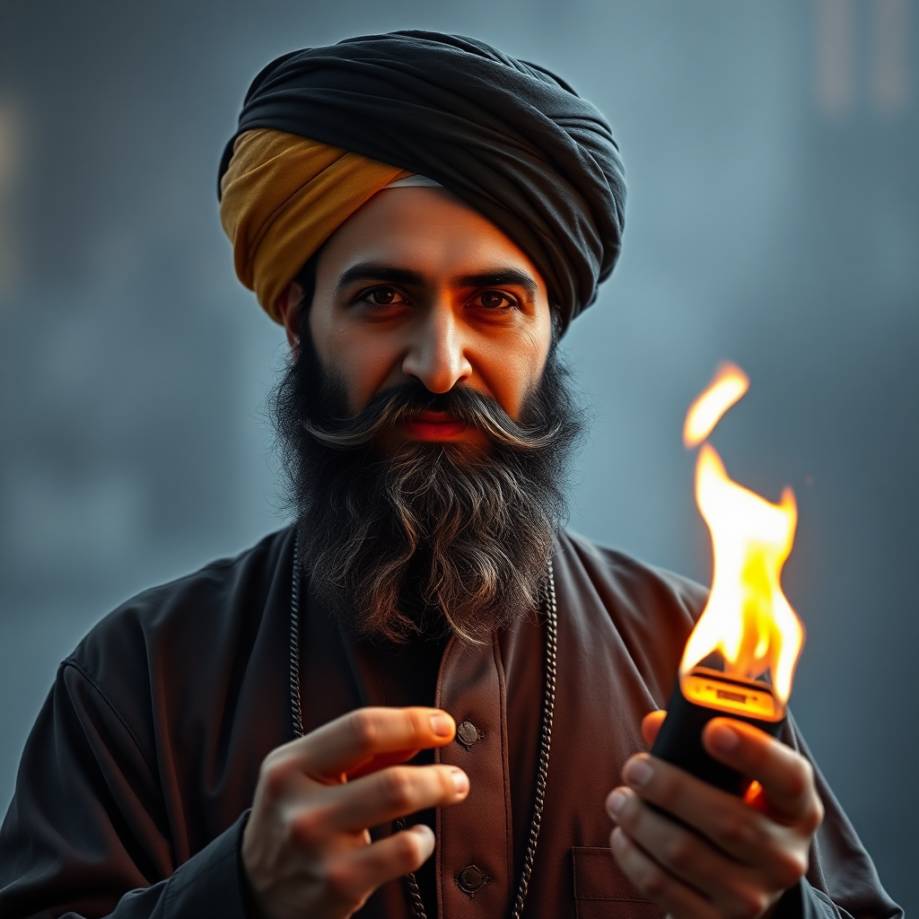 religious Lebanese Islamic guy wearing a turban holds a burning beeper pager.