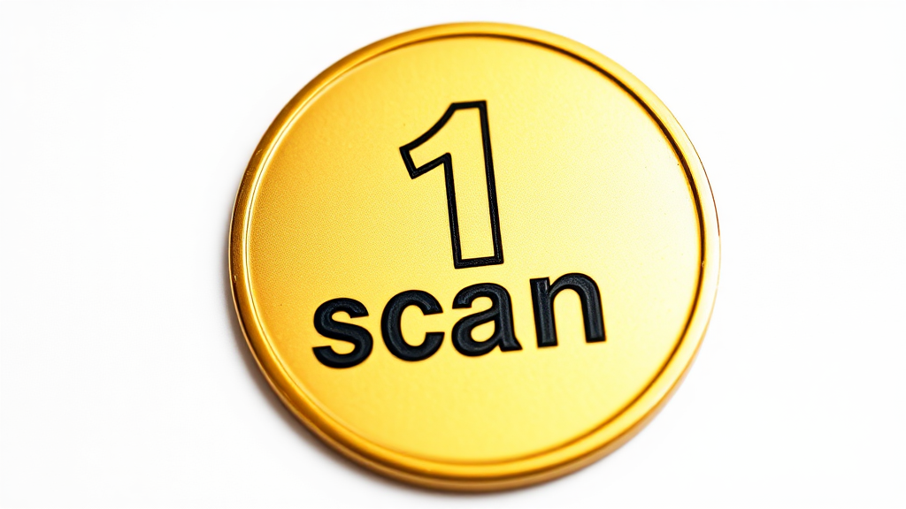 A golden token with the engraving "1 scan"  
In the style of a comic icon in black ink only on a white background