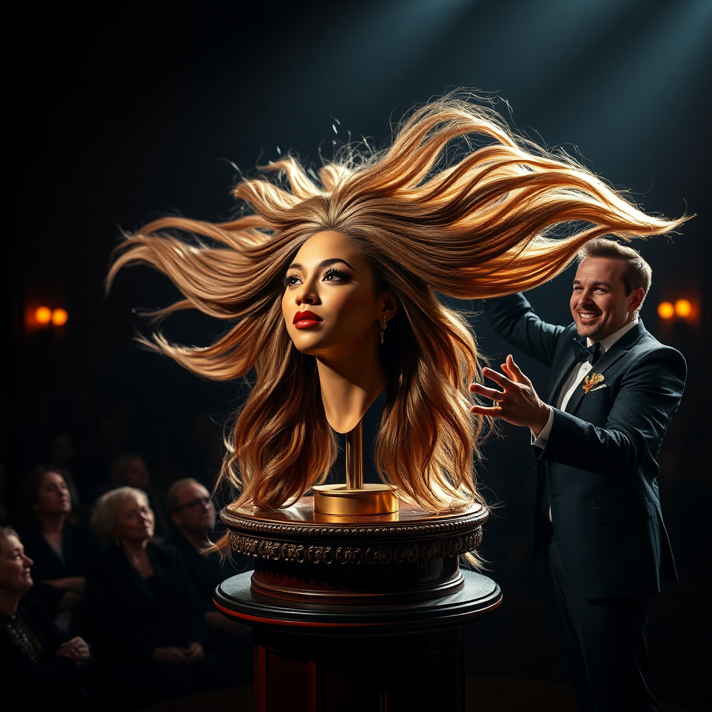 In a dimly lit theater, the atmosphere crackles with anticipation, the audience's murmurs a blend of curiosity and skepticism. On a grand, elegantly adorned display stand sits the disembodied head of the enchanting Beyoncé, her radiant skin glistening under the soft, warm glow of the spotlight. Her striking features are perfectly framed by cascading locks of lustrous, very long hair that shimmer with hues of light brown and hints of rich mahogany, reminiscent of polished silk.

Standing beside her is the magician, a charismatic figure in a sharp, tailored suit that glints with sequins in the light. With theatrical flair, he holds her voluminous hair aloft, fingers splayed wide, deftly spreading it out like a shimmering waterfall, mesmerising the audience. The hair flows like liquid night, each strand capturing the light as it falls gracefully to the ground, creating a stunning, almost surreal contrast against the stark wooden stage.

The magician’s face is lit with a confident smile, his eyes sparkling with the thrill of the performance, as he engages the audience with playful banter. Their gasps and laughter echo throughout the room, a symphony of wonder and disbelief. The scent of polished wood and fresh popcorn wafts through the air, mingling with the underlying electricity of the moment. Time seems to stand still as the audience leans in, captivated by the spectacle, a seamless blend of illusion and artistry that promises to defy reason and ignite imagination.