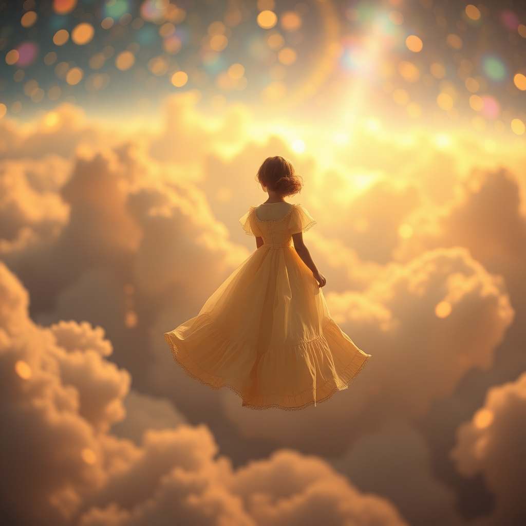 mandelbulb clouds, Low Key Lighting, dreamscape, nebula, Bokeh, abstract, brilliant colors, glittering, translucent, iridescent, glowing, artistic photo, panoramic, airy, original, experimental, fractal, generative art, calm, cinematic shot, opal, gold, preteen girl floating in a distance, in Victorian dress