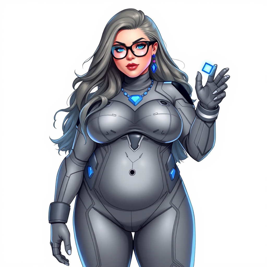 A 29-year-old computer science major, she is the devoted girlfriend of a vigilante and serves as his dotingly pampered, full-figured, nerdy, Middle Gray (N5) metallic skinned digital sidekick. She is now a Computer Program hybrid, with a unique, metallic Middle Gray (N5) skin color that blends with her suit and hair, appearing to merge together as computer data. Her long hair, suit, and skin are all the same metallic Middle Gray (N5) all blending together to appear to merge as computer data. Her neon blue eyes are mesmerizing. Her full figure, especially her prominent, round, large midsection, shows just how heavily fed and pampered she is, with sequoia-sized limbs and broad shoulders.

As a loyal and supportive sidekick, she plays a crucial role in their missions, using her digital prowess to assist and protect. She wears a blue sapphire scarab necklace and blue sapphire earrings, which she received as symbols of their love before his 5-year disappearance. Her digital and computerized bodysuit, also Middle Gray (N5), blends with her skin and hair (appearing to merge together like computer data). She is equipped with high-tech features, including holographic displays and integrated hacking tools. She has matching high-tech gloves. She emits neon blue data cubes from her body, set against a solid white background.

Heavily, attentively, and immensely pampered through being well-fed since their reunion, her full figure clearly shows the extent of care she has received. Despite her digital enhancements, she retains her human vulnerabilities, including hunger and sleep, and is not immune to human weaknesses. She has the ability to hack into computers and machines, and her nerdiness is blatantly obvious with her black oversized eyeglasses. Her full figure, especially her gargantuan midsection, is prominently displayed and heavily emphasized. Her outfit, influenced by DC’s Jennifer Knight Phantom Lady, remains distinct.

Despite her boyfriend’s limited resources, she assists in the war on crime by serving as a minicomputer, traveling in a high-tech wristwatch and supercar’s computer system. Using her hacking abilities, she relays crucial knowledge related to missions. She is drawn as if she was in a retro 2D cyberpunk fighting game.