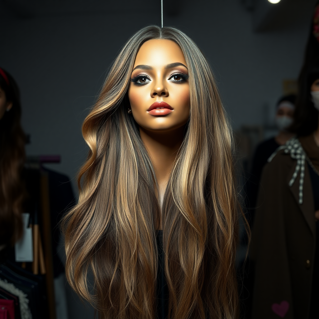 In a well lit, eccentric long hair fetish store, a strikingly unique and surreal display draws attention: the real live, flesh-and-blood disembodied head of a stunning woman reminiscent of Beyoncé, her long, flowing hair cascading like a silky waterfall around her neck. The luxurious strands shimmer with intricate highlights, ranging from deep ebony to sun-kissed gold, accentuating her perfectly sculpted features. Her captivating, dark eyes glisten with an enigmatic allure, expressing an uncanny mix of grace and mischief.

The background is a plain, muted gray, contrasting sharply with the vibrant beauty of the head and her extravagant hair, allowing viewers to fully focus on the astonishing sight. Subtle whispers float through the air, blending with the soft rustle of hair as it sways gently, creating a sense of uncanny vitality. The atmosphere is thick with a mixture of curiosity and fascination, as shoppers, drawn in by the bizarre display, exchange incredulous glances and hushed conversations, their excitement palpable.

The shop’s interior is cluttered yet inviting, filled with an array of hair-related items: brushes, wigs, and accessories, each designed to celebrate the beauty and allure of long hair. Dim, ambient lighting adds to the mystique, casting playful shadows that dance around the room, enhancing the surreal quality of the disembodied head on display. It's an experience that blurs the lines between reality and fantasy, tugging at the viewer’s imagination and evoking a sense of wonder.