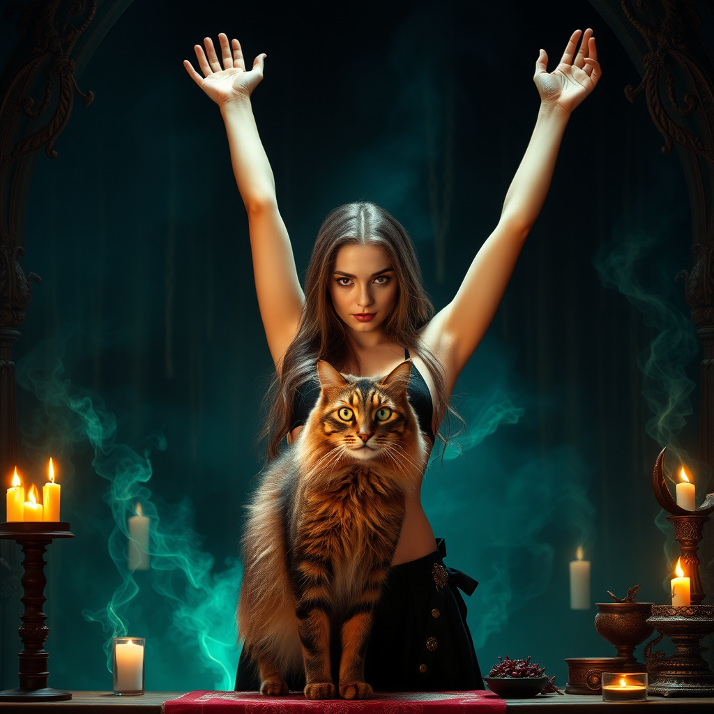 imagine: A perfectly staged scene of sorcery and companionship filled with hundreds of little details. Within there is a terrifying sorceress looking sexy and irresistible. Her body is preternaturally perfect. Staring directly into the eyes of the viewer. Arms up high. She has a brown Siberian Cat as a familiar.