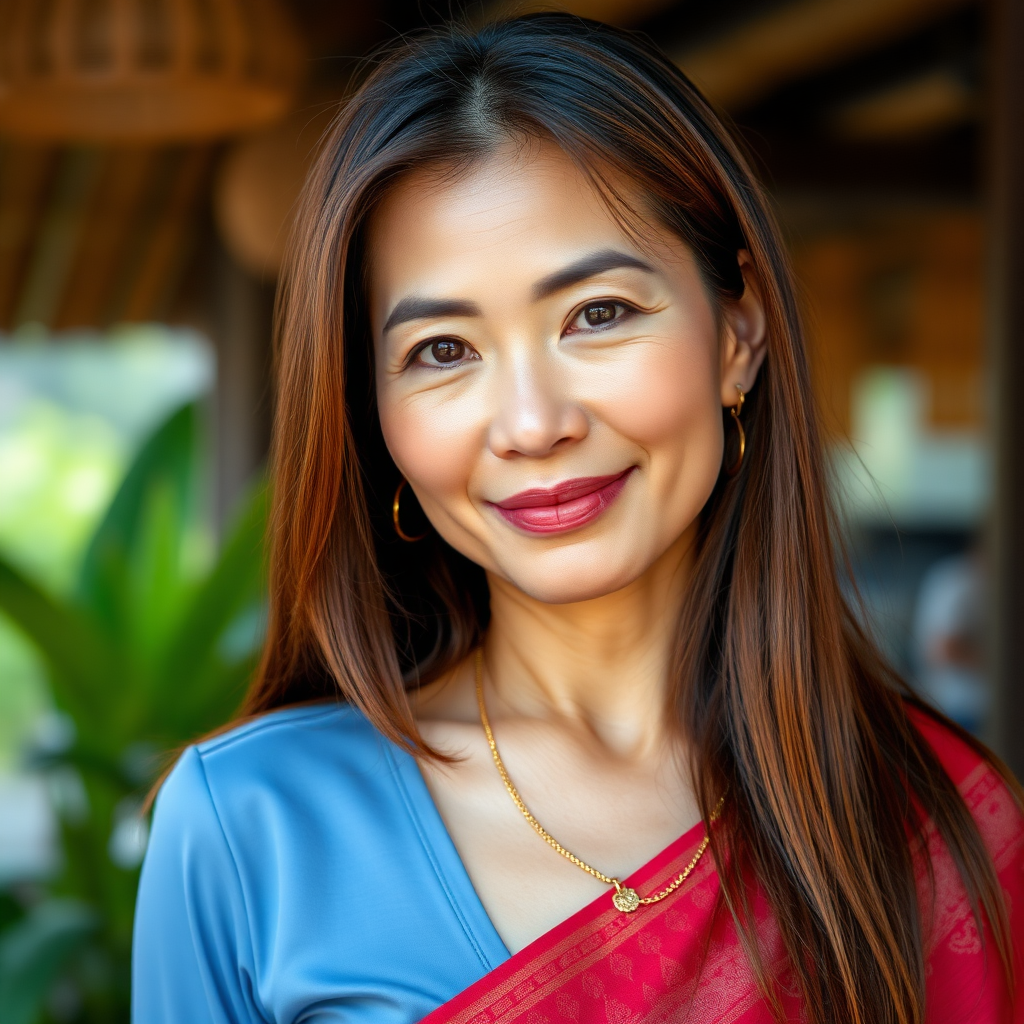 A absolutely sexy rich 50 Year old Thai Women with Chestnut colored long straight Hair and a fine Gold chain.