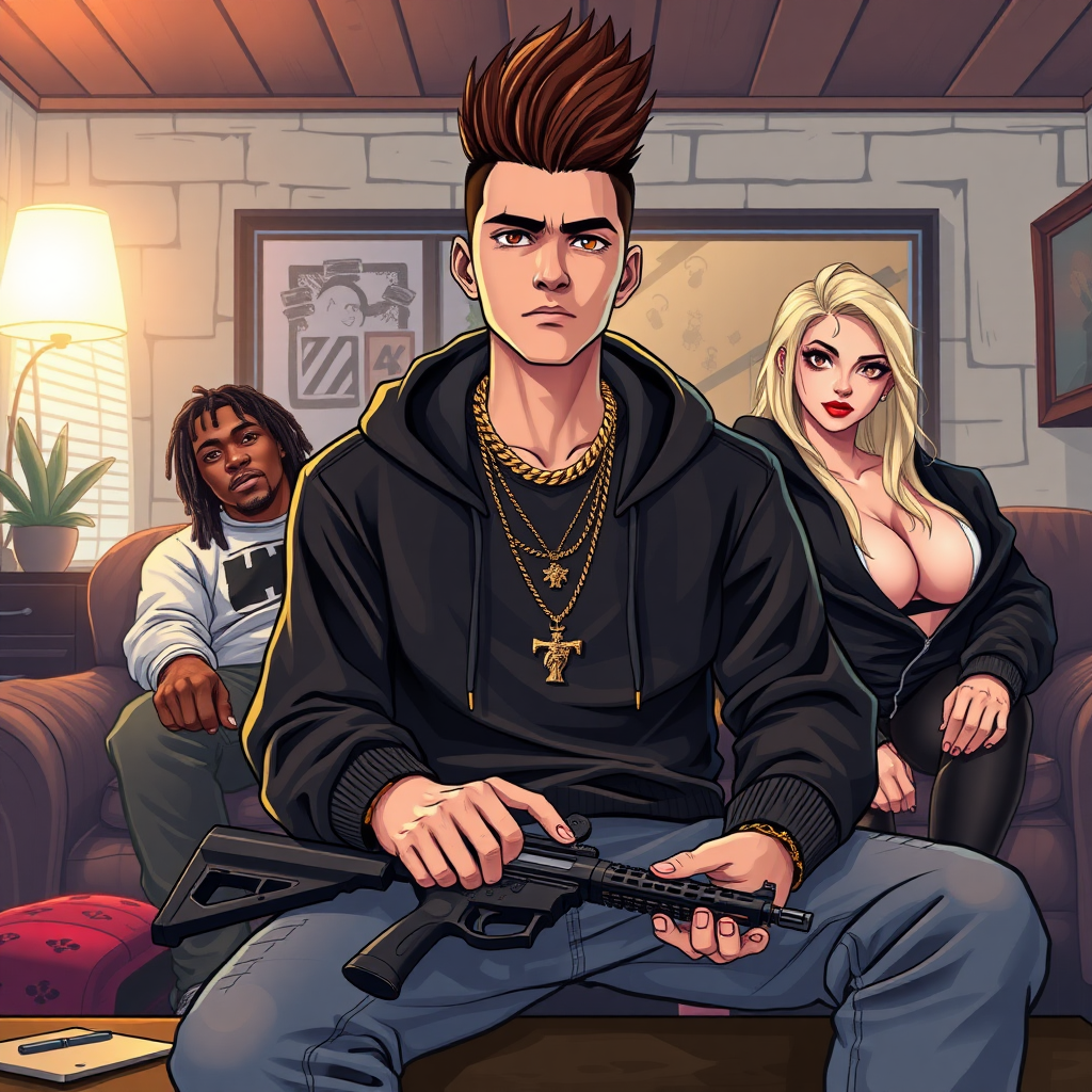 (Anime Style Art) background of a gang-living room, A handsome young-adult latino male, brown-dark fohawk hair, hazel eyes, skinny, wearing a swagger hoodie, sagging jeans, 4 necklaces gold around neck, gun on table, there is also a black-male thug with dreadlocks, there is also a sexy-blond girl with large breast and blue eyes wearing a black-hoodie and red-firey lips