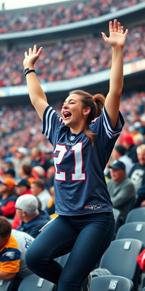 Very attractive female NFL fan, pigtail hair, jersey, hollering, arms raised, jumping in crowded bleacher, NFL stadium