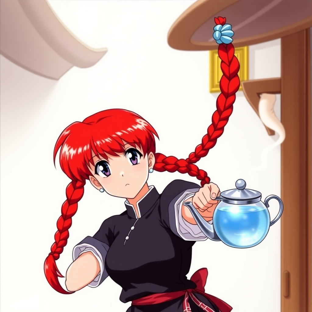 The art style is that of Rumiko Takashi. Ranma Saotome from the series Ranma 1/2 is a red-haired girl with a braided ponytail about as long as her head is wide, blue eyes, and she usually wears a Chinese martial arts uniform.

Ranma can be seen just dodging a teapot filled with hot water.