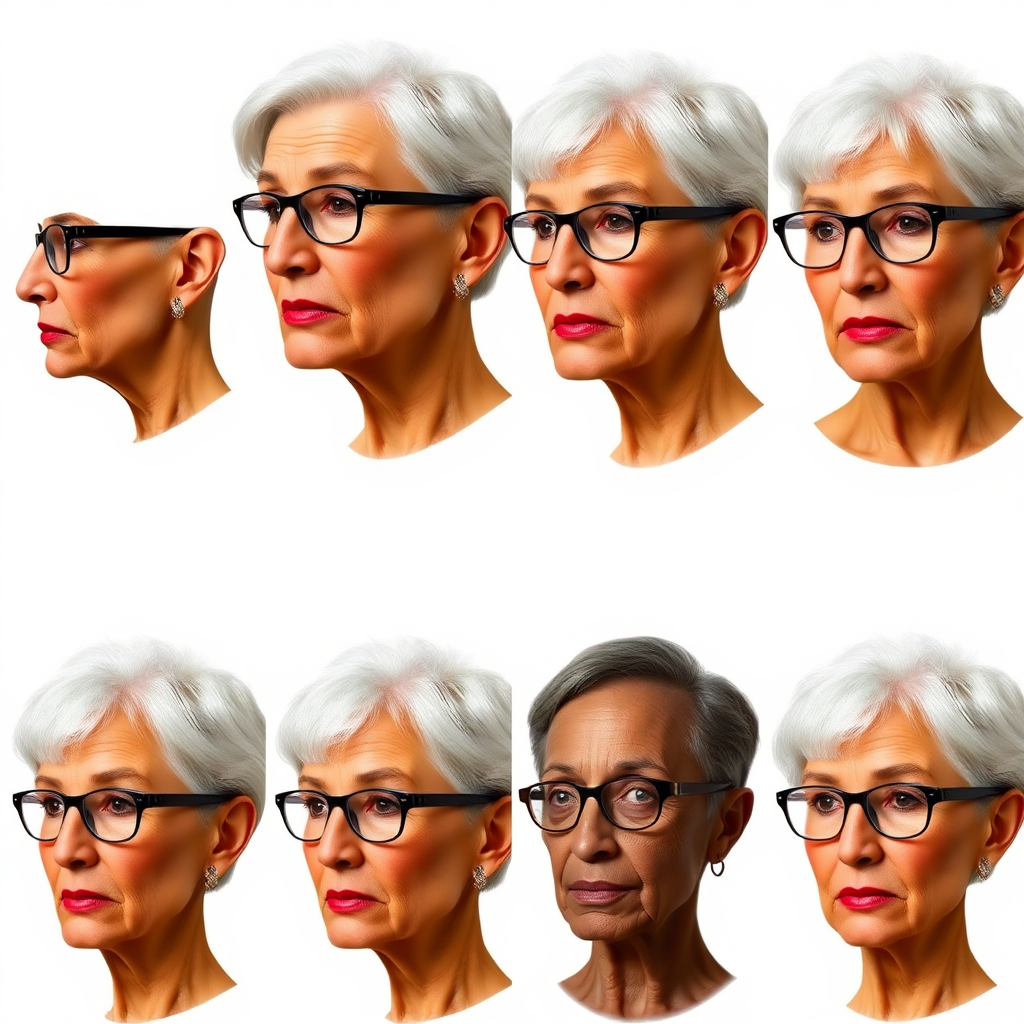 Photorealistic image of six headshots of a 55 Years old, European, Latina, sharp aquiline nose, wrinkles, high cheekbones, Middle Eastern, Skinny, Tanned skin, Dark light skin, full Makeup, jewelry, Serious face, Sharp nose, frowning, Ash hair, short bowl haircut, Brown eye color, Glasses, with detailed features. Each photo displays the same face in profile and front view, cut out and isolated on a white background. All six heads are visible side by side, empty space around each view, no overlapping.