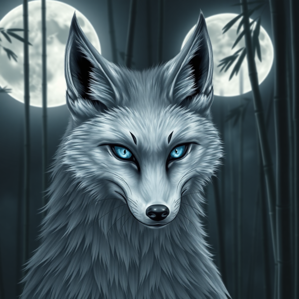 a scary look silver nine-tail-fox with blue eyes and the face of a Korean woman, in front the full moon in a bamboo forest