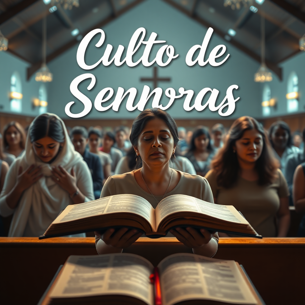 a banner with an image of several women praying in an evangelical church and with the Bibles open at the top of the banner has a stylized title written "Culto de Senhoras", digital art style, ultra detailed, cinematic lights, high quality, 8k