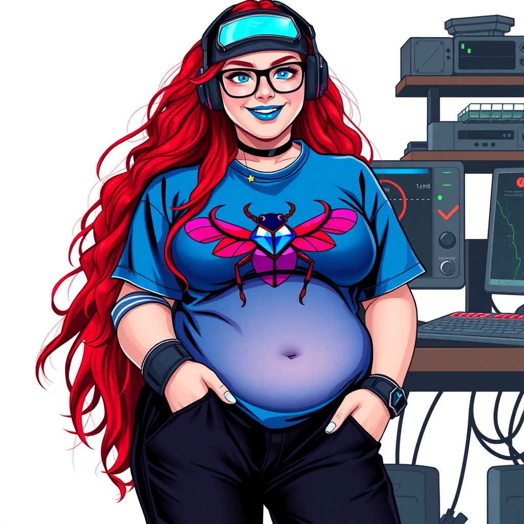 A cyberpunk vigilante's 28-year-old computer science major, nerdy, full figured, heavily pampered computer hacker and tech-wiz girlfriend with long, ruby red hair. She wears maximum blue lipstick and has bright blue eyes. Her outfit includes an oversized maximum blue t-shirt (accentuating her prominent gargantuan midsection) featuring a maximum blue gemstone beetle chest emblem. She sports black eyeglasses, black sweatpants, a sapphire headset with a maximum blue lensed HUD, with a beaming smile and neon red blush. Her full figure (especially her gargantuan midsection) shows the heavy extent of her doting pampering. She has a prominent, round, gargantuan midsection. Despite her build and lack of self-esteem, she radiates breathtaking beauty. She has an angular face, which accentuates her breathtaking radiant beauty. As her boyfriend's tech-wiz, she primarily works in his hideout, operating from her workbench and her computer desk. The background is solid white. She is drawn as if she was in a retro 2D cyberpunk fighting game.