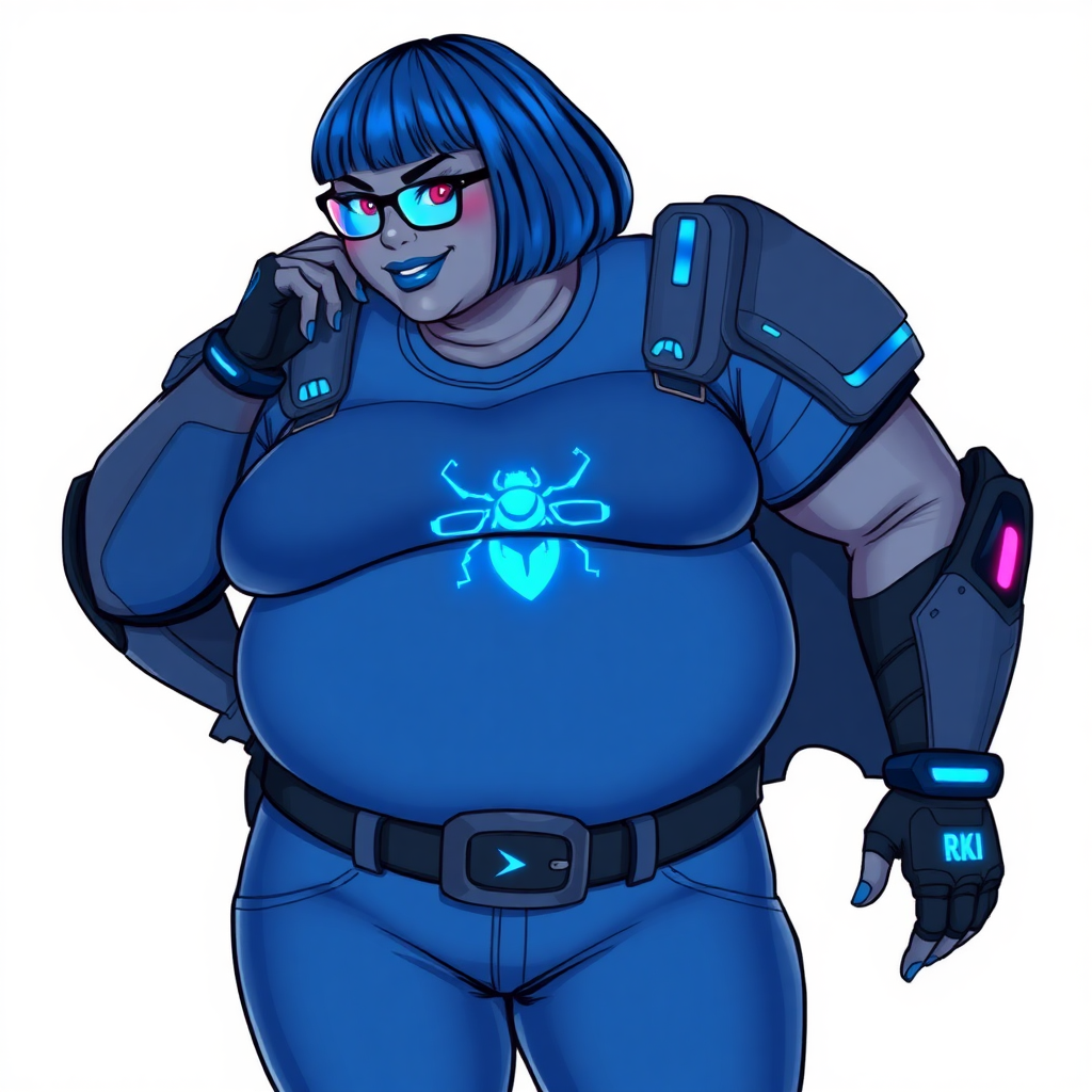 A 28-year-old, full-figured, middle gray skinned computer program hybrid with a maximum blue bob cut. She has a non-athletic build, highlighted by a prominent, round, large midsection (with heavy emphasis on her large belly). As the full-figured digital sidekick to her cyberpunk vigilante boyfriend, her middle gray metallic skin and maximum blue lipstick emphasize her digital nature. She wears a digital, computerized costume inspired by DC’s Carrie Kelly Robin, consisting of a huge, tight-fitting, maximum blue t-shirt with a neon blue glowing chest icon of a beetle, hi-tech shoulder pads with neon blue accents, a black hi-tech belt with a digital neon blue glowing buckle, digital maximum blue pants with neon blue accents, and black hi-tech fingerless biker gloves with neon blue glowing accents. Her neon blue glowing eyes, black eyeglasses with a neon blue glowing HUD built into the lenses, and shy smile with neon red blush accentuate her nerdiness. She stands bashfully with one hand behind her back and the other hand gently touching her cheek, her costume covering all her skin and emphasizing her full-figured physique (especially her belly). She is clearly non-athletic, with a heavy focus on her large belly. Despite her build, she radiates beauty. She has a slim face compared to her physique, accentuating her radiant beauty. She is on a solid white background. She is drawn as if she were in a retro 2D cyberpunk fighting game.