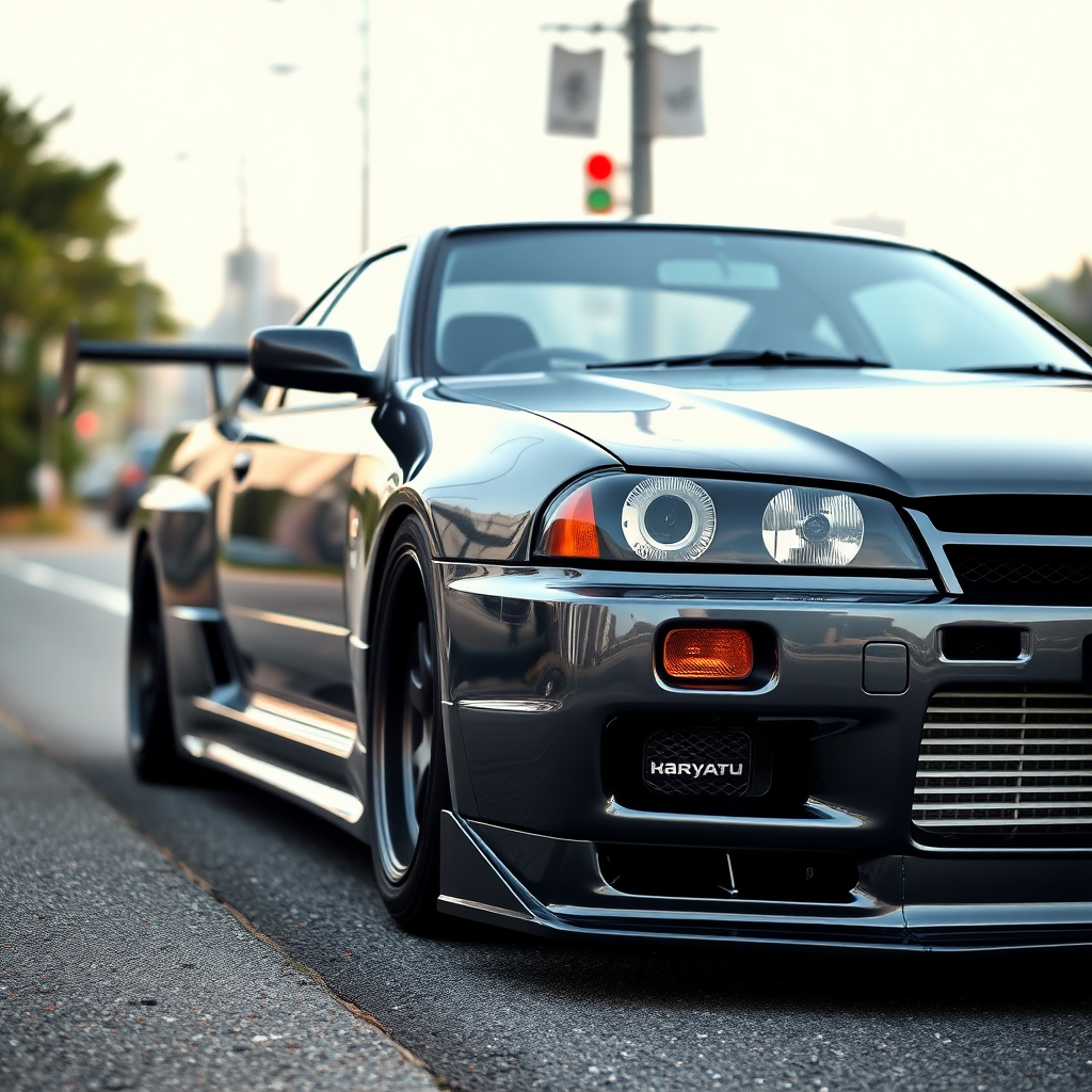 The car is parked on the side of the road, inspired by Taiyō Matsumoto, tumblr, restomod, nd4, c4 metallic shine gray black nissan skyline r34 tokyo arkaplan hatasız tam eksiksiz ayrıntılı genel gerçek detaylar en iyi fotoğraf poz