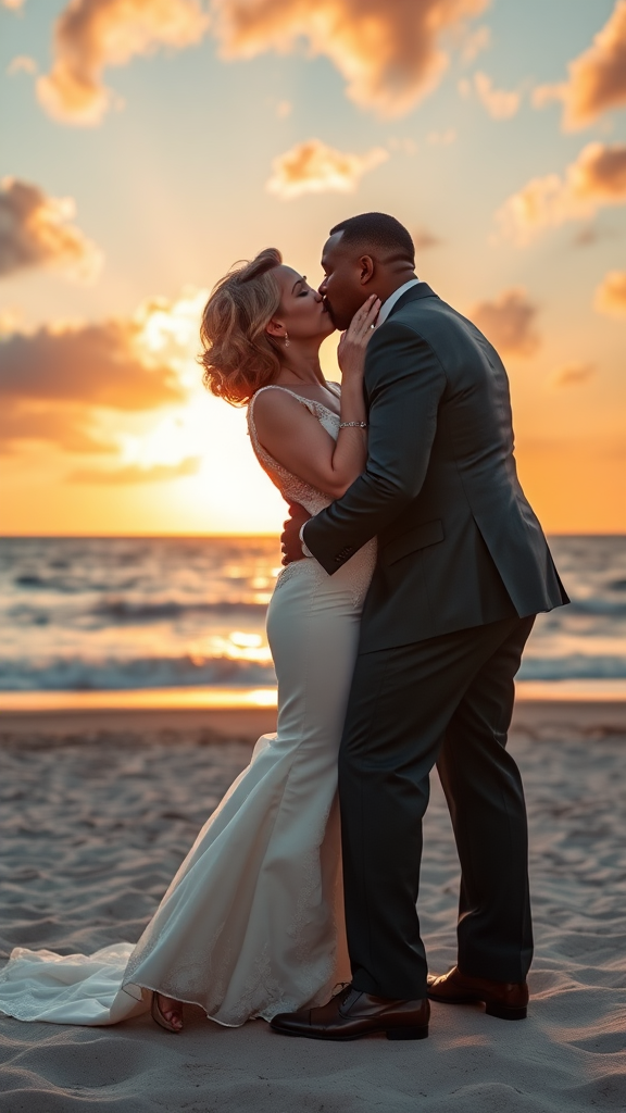 In the background, Meryl Streep and Will Smith elegantly dressed, she heels and he patent leather shoes, he passionately kisses the bride, in the background the sea with a beautiful beach, sunset sky with the sun's rays with clouds. 16K ultra-high definition.