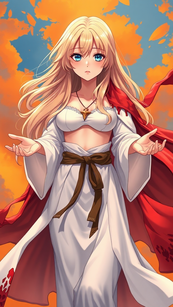 young girl, flat chested, flat chest, feminine, long blonde hair, blue eyes, flowing white robe, hands, hands open, flowing red burned tattered cape, levitating. orange and blue background. epic heroic pose, fantasy, masterpiece, HD, 8K, High Contrast anime, anime style