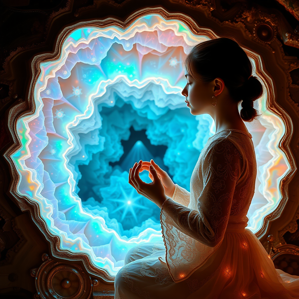 young girl doing zazen, sacred geometry, mandelbulb fractal landscape, ultra-detailed, dynamic composition, artistic photograph, geode, alabaster, fractal, brilliant colors, glittering, illumination, transparency, translucent, opal, romanticism, minimalist poster