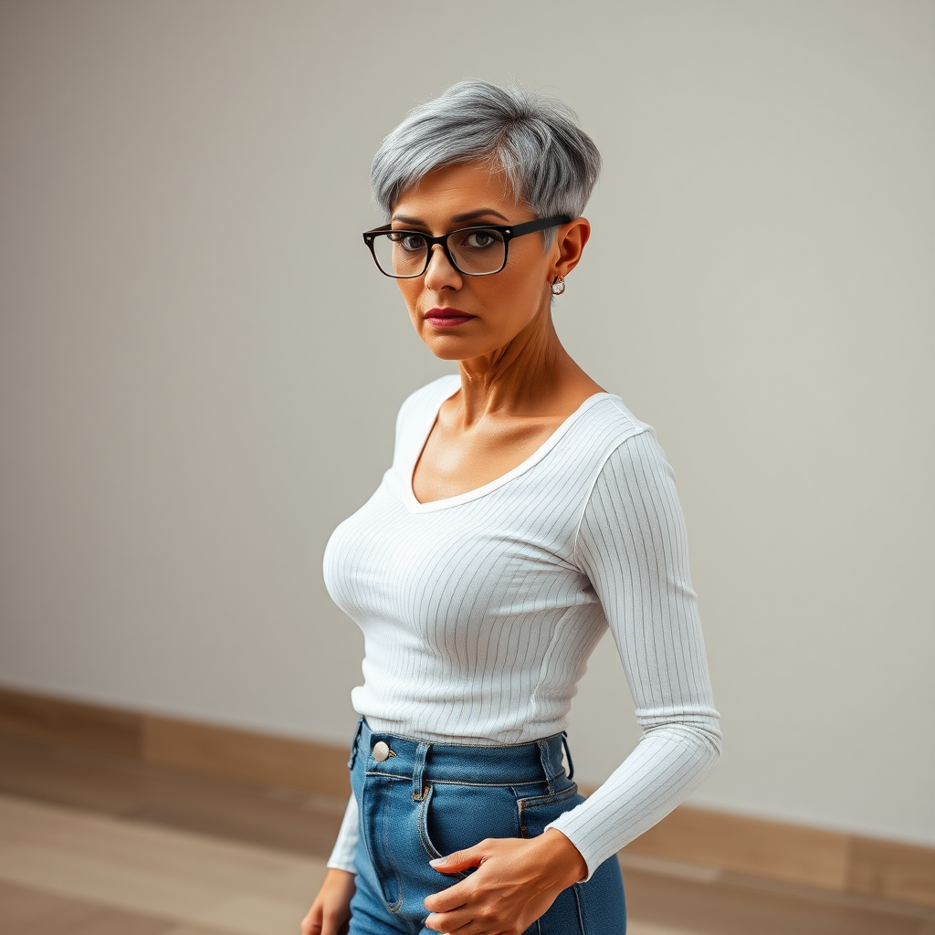 sexy Woman, 35 Years old, European, Latina, sharp aquiline nose, wrinkles, high cheekbones, Middle Eastern, Skinny, Tanned skin, Dark light skin, Makeup, Serious face, frowning, smirking, Ash dark grey hair, bowl haircut, Slicked short hair, Short hair, black eye color, Glasses, detailed features, tight white and blue striped shirt, tight jeans, long legs, high heels sandals, White hair, walking, full body, long establishing shot, side back view