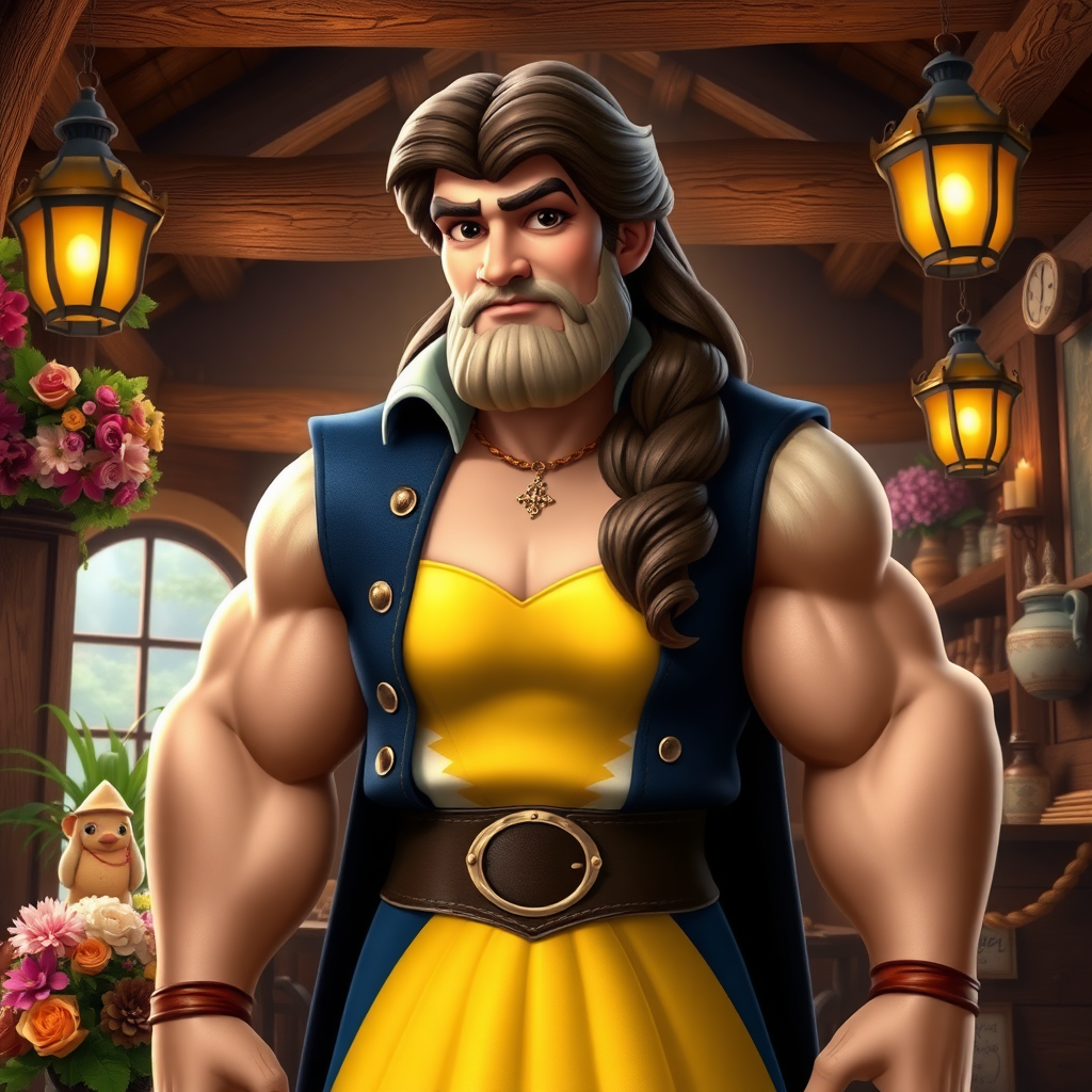 Create a full-length photorealistic image of a mashup character featuring Belle's head and hairstyle on Gaston’s muscular body. Retain Belle’s facial features and iconic yellow gown, adjusted to fit Gaston’s physique. The background should combine elements of Belle’s vibrant village and Gaston’s rustic tavern, showcasing wooden beams, flowers, and enchanted objects. Highlight the contrast between the enchanted world and Gaston’s rugged charm, creating a dynamic scene that brings both characters to life while emphasizing their distinctive traits.