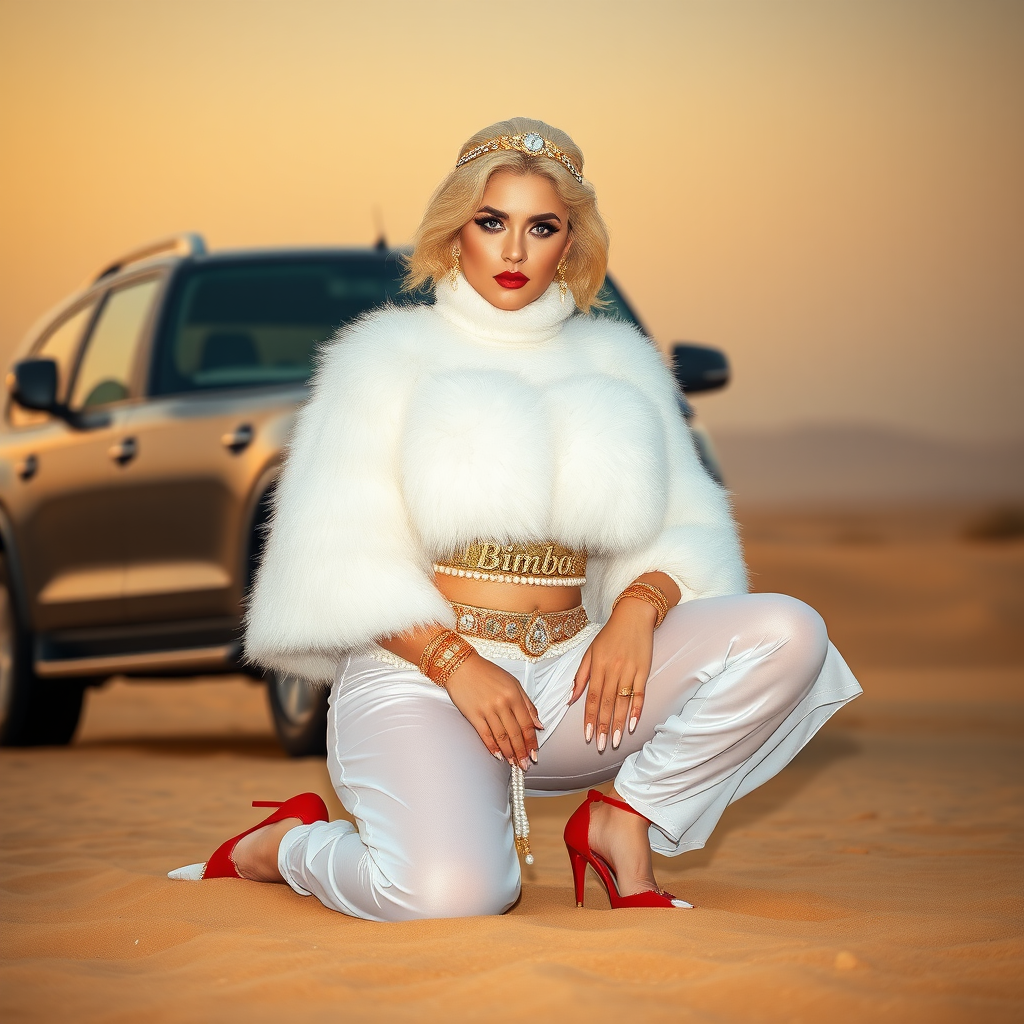 Kuwait desert dunes misty dawn, full size luxury SUV: Melissa, European 17 years old very convincing femboy “trophy-bimbo”, tamed servile docile, very beautiful feminine flawless face, rather short, by hormones very curvaceous womanly figured, platinum blond short tight curls, bold red lips, long white French nails, heavily made-up face, wearing Supertanya-style fluffy very fuzzy bright white angora turtleneck-poncho cropped ending under bust decorated with pearls and glass stones, striking oriental wide gold bridal protection belt, white fully transparent harem pants, bright red pumps with golden very high heels, full Oriental bridal jewelry including headpiece, nose-ring, coin wristlets, coin anklets, striking diamond “Bimbo” letter brooch on left chest, thick heavy pearl wristlets, pearl anklets, pout frustrated, kneeling in sand in front of SUV, looking at camera. Focus on face and turtleneck-poncho.