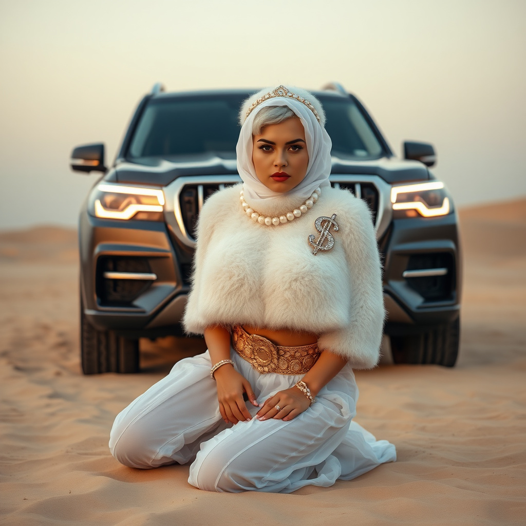 Kuwait desert dunes misty dawn, full size luxury SUV: Melissa, European 17 years old very convincing femboy “trophy-bimbo,” tamed servile docile, very beautiful feminine flawless face, rather short, by hormones very curvaceous womanly figured, platinum blond short tight curls, bold red lips, heavily made-up face, wearing Supertanya-style fluffy very fuzzy bright white angora turtleneck-poncho cropped ending under bust decorated with pearls and gemstones, striking oriental wide gold bridal protection belt, white fully transparent harem pants, full Oriental bridal jewelry including headpiece, white transparent Burka face veil, coin anklets, striking diamond “$$$” letter brooch on left chest, pout frustrated, hands tied behind back, kneeling in sand in front of SUV, looking at camera. Focus on face and turtleneck-poncho.