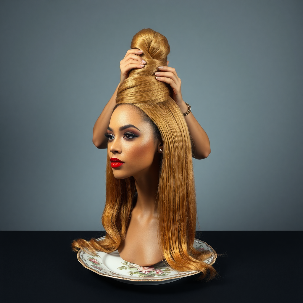 In an avant-garde tableau, a strikingly beautiful, disembodied head of a fashion icon reminiscent of Beyoncé rests elegantly on an ornate, vintage plate, its delicate china adorned with intricate floral patterns. Her long, luscious hair cascades down, shimmering like molten gold, while each strand catches the light, creating a halo effect around her perfectly sculpted features. Her chin rests gracefully on the edge of the plate, accentuating her strong jawline and full, inviting lips, which are painted with a bold crimson hue.

Behind her stands a dedicated hairdresser, dressed in chic, all-black attire, exuding a sense of calm concentration as they skillfully gather the flowing locks. The hairdresser’s fingers move deftly, weaving her hair into an impressive, towering updo reminiscent of a regal crown, adding height and drama to the surreal scene. The atmosphere is imbued with a quiet intensity, and the air is rich with the scent of high-end hair products—a blend of floral notes and smooth vanilla.

The background is a plain, muted gray, providing a stark and minimalist canvas that amplifies the surrealism of the arrangement, allowing the viewer to focus entirely on the exquisite details and craftsmanship at play. The contrast between the opulence of the subject and the simplicity of the setting creates a captivating visual narrative, engaging the viewer's imagination and inviting deeper reflection on themes of beauty and identity.