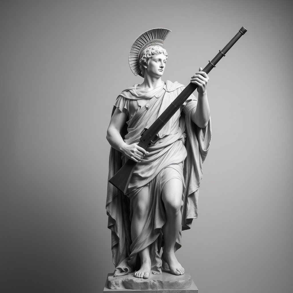 Art. Roman statue with a rifle in the same color as the statue posing. Make it black & white