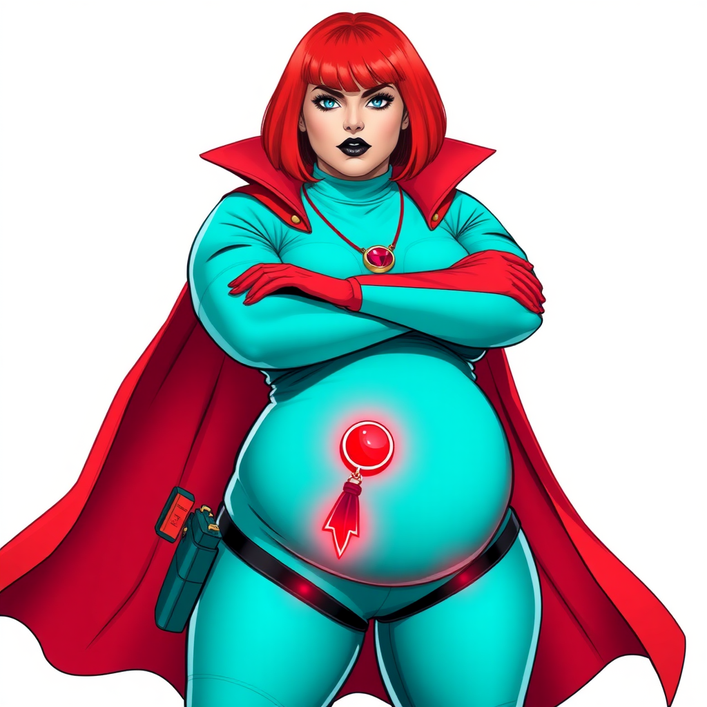 A 26-year-old, full-figured, magical girl vigilante detective becomes the heavily pampered mystical ally of her cyberpunk vigilante older brother figure. She has a bright red bob cut, black lipstick, and piercing bright blue eyes. She has a new non-athletic build, now highlighted by a prominent, round, gargantuan midsection (fully focused on her gargantuan belly), which shows the aftermath of her new pampered lifestyle. Despite her pampered physique, she shows full confidence. She wears a magical girl detective costume consisting of a gargantuan, magical, tight-fitting, maximum turquoise t-shirt (accentuating and emphasizing her gargantuan belly), maximum turquoise biker pants, complemented by a glowing neon red cape, a mystical ruby amulet (which is the source of her mystical powers), and magical red gloves glowing neon red. Her magical girl detective costume covers all her skin and emphasizes her full-figured physique (especially her gargantuan belly). Her stance is firm and resolute, arms crossed, exuding a no-nonsense attitude. Her costume reflects the influence of DC New 52 Prime Earth’s Phantom Lady, Jennifer Knight, while her pose embodies the moral ambiguity and determination reminiscent of DC’s Pax Americana’s The Question. She is on a solid white background. She is drawn as if she was in a retro 2D cyberpunk fighting game. She is clearly non-athletic, with a focus on her full-figured physique (especially her gargantuan belly). Make sure that her costume covers all of her bare skin (especially her gargantuan belly).