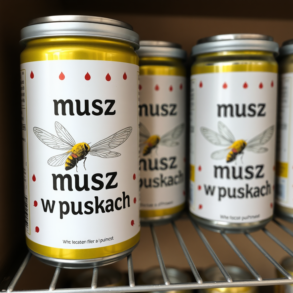 a small shelf with cans that have an image of home fly on the label and text saying exactly "musz w puszkach", with no errors or changes