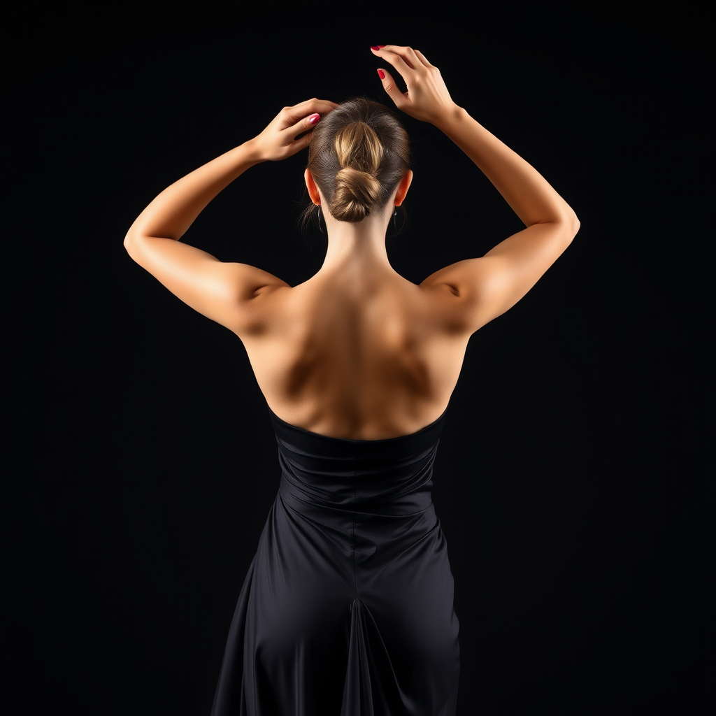 Thoroughly amazing athlete in a stunning evening gown facing the viewer with arms raised her hair is pulled back