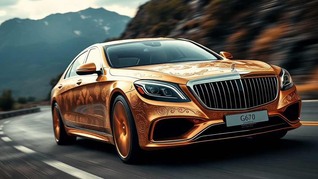 futuristic maybach s680 sedan ,A luxurious, gold-plated car adorned with intricate, ornate designs and carvings. The vehicle features prominent headlights and a distinctive front grille, showcasing a fusion of elegance and extravagance. Set against a backdrop of mountains road motion blur