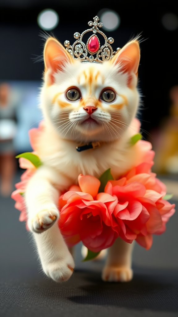 A little chubby, big-eyed, pink-nosed white cat walking on two paws, wearing a real flower costume and a beautiful crown, doing a ramp walk in a fashion show.