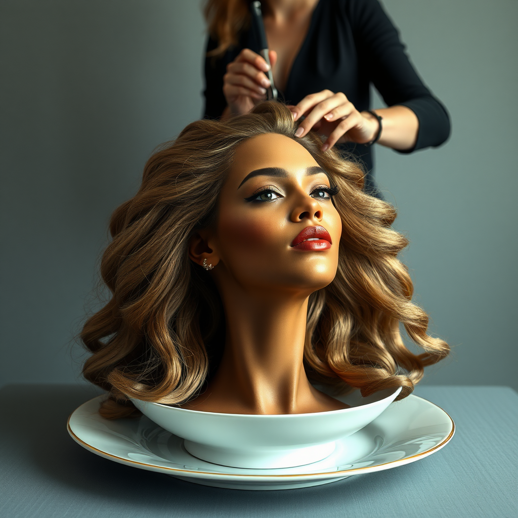 In a surreal and provocative scene, a beautifully tethered, disembodied head of Beyoncé rests gracefully on an elegant porcelain plate, her long, luxurious hair cascading like a waterfall of silky strands around the edges, creating a striking contrast against the stark, muted gray background. The sheen of her skin glows softly, exuding an air of ethereal beauty, while her chin rests delicately on the plate, poised and serene. Behind her, a skilled hairdresser, clad in chic black attire, stands with a focused expression, gently teasing and arranging her magnificent hair with nimble fingers, creating intricate patterns that defy gravity. The atmosphere is oddly intimate yet surreal, blending an appreciation of beauty with an unsettling twist, as soft light casts subtle shadows, enhancing the textures of both hair and porcelain. The air is filled with a quiet stillness, broken only by the subtle sound of the hairdresser’s scissors snipping rhythmically and the faint fragrance of hair products mingling with the cool air, heightening the unusual but captivating atmosphere of the scene.