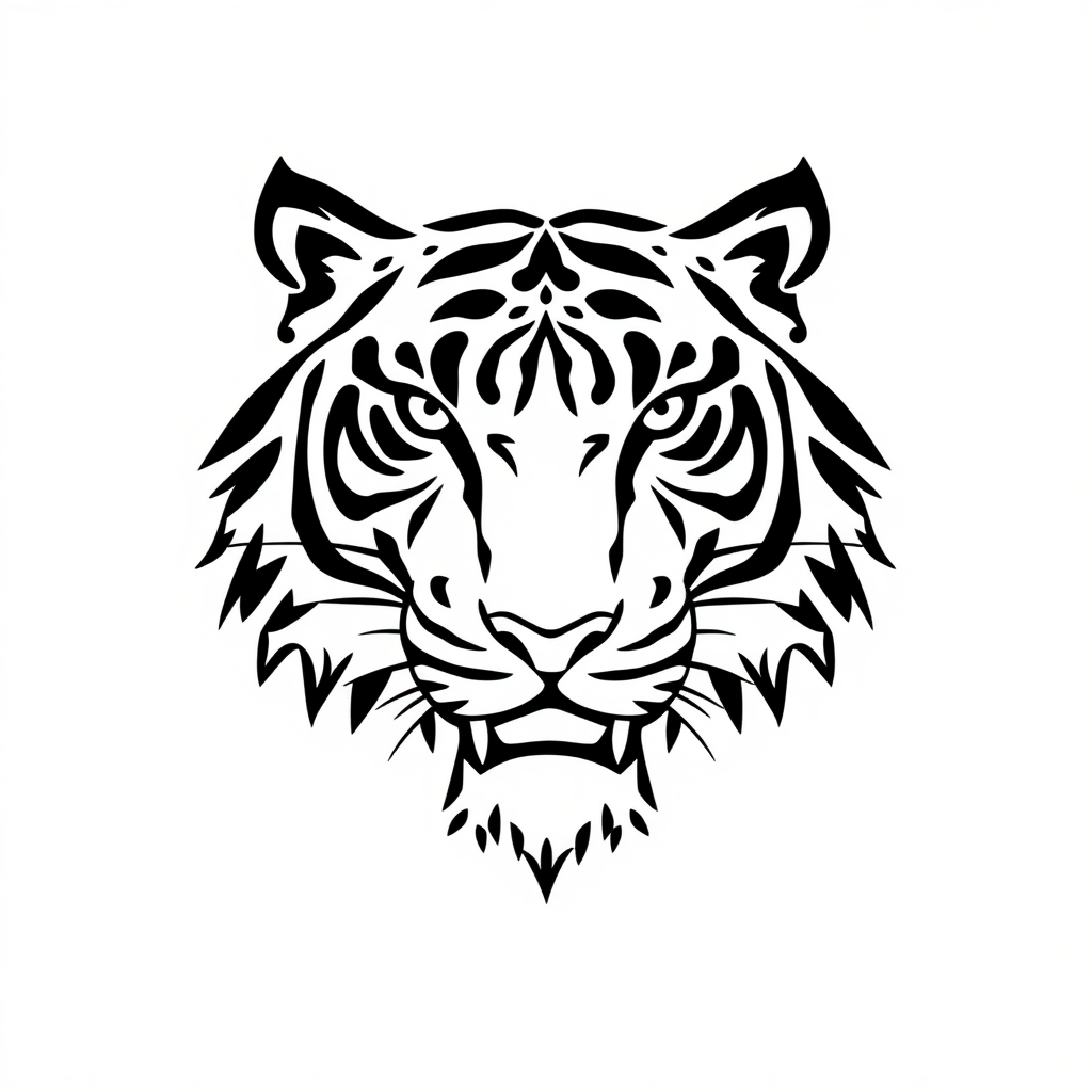 Create a minimalist tiger logo in the style of Sak Yant tattoo art. The design should feature a tiger's face drawn with simple, flowing lines as if sketched quickly with ink or pencil. The overall look should be reminiscent of traditional Thai tattoo designs used in Muay Thai culture. The image should be suitable for use as a web graphic or logo, with clean lines and a bold, easily recognizable silhouette.