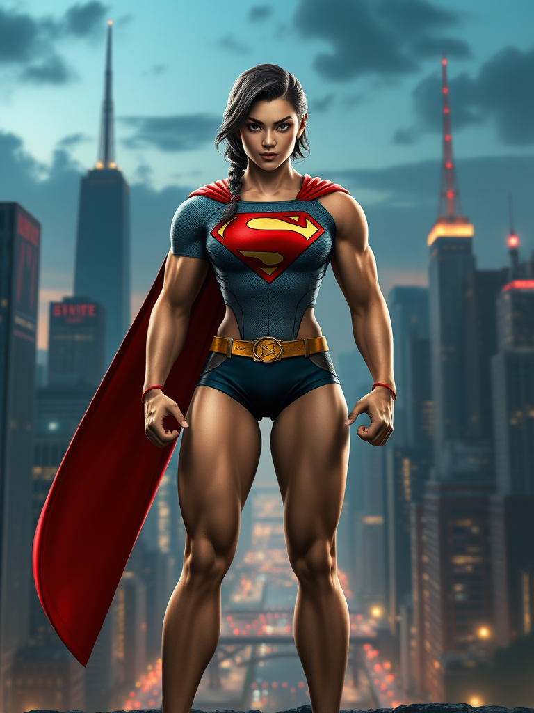 Generate a full-length photorealistic image of a unique character named Super Lee. This hybrid superhero should comprise celebrated comic character Superman's familiar features including his black wavy hair, strong jawline, blue eyes and a red cape, with the body characteristics of Chun-Li from Street Fighter. Super Lee's physique should display Chun-Li's empowering physical traits including her strong muscular legs, prominent toned arms, and agile and sturdy build. Emphasize the fusion of these iconic figures by including Superman's emblematic 'S' logo on a sporty female top similar to what Chun-Li wears. The character is to have a confident and vigilante stance expressing the combined power of both iconic figures. For the background, create an evening cityscape depicting Metropolis, showing towering skyscrapers, glowing city lights, and a hint of an alien invasion to tie into Superman's narrative.