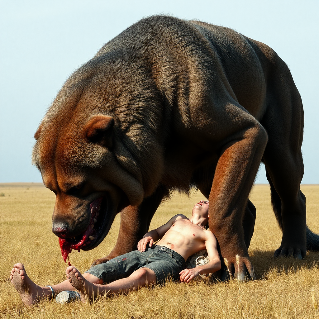 A massive giant-huge dog in a plain field eating and devouring a very small man with half-his torso ripped off in blood and his head decapitated the dog eats him