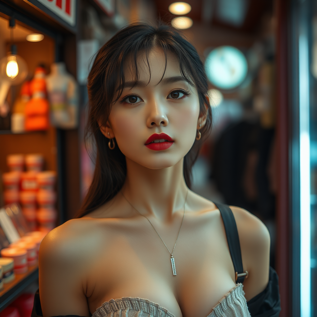 hypersensual ((full-body)) beautiful korean model instagram woman in the shop, big breast with neckline, anime manga style in Seul street, fine-face, pretty face, instagram influencer, hot on CANON R5, 85mm lens, Photoshoot, Depth of Field, insanely detailed and intricate, hypermaximalist, elegant, hyper realistic, super detailed, dynamic pose, centered, photography, Natural Light, dynamic, highly detailed, sharp focus