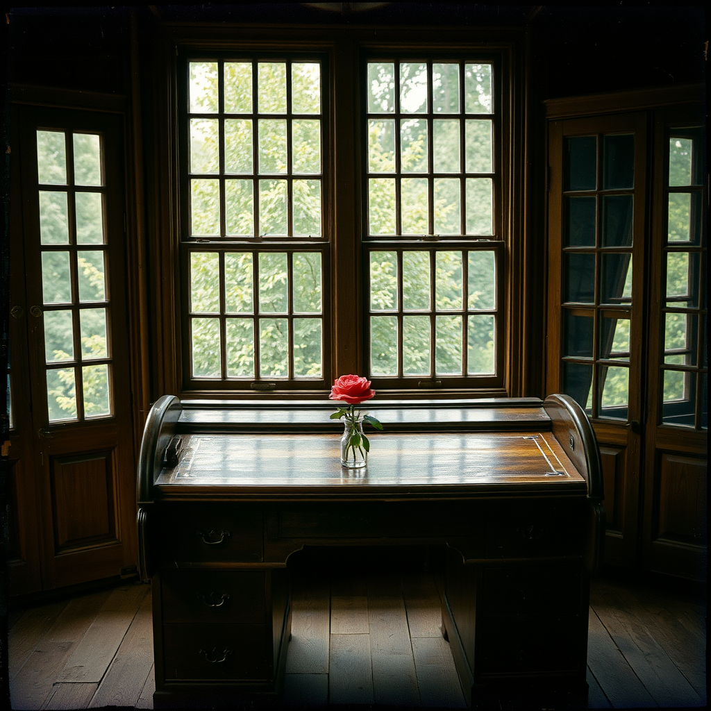 a scan of an old film photo with visible wear and fold marks and cracking with heavy vignetting and color tint and light leaks, depicting a rose sitting in a vase sitting on an old wooden roll top desk in the middle of a photography studio with old wooden windows with multiple panes of glass showing greenery outside