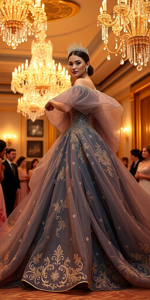 In a lavish ballroom adorned with crystal chandeliers that glitter like stars, a young woman stands at the center, elegantly draped in an extravagant gown that seems to dance with her every movement. The gown, a masterpiece of haute couture, features sweeping silhouettes that cascade like a waterfall around her, creating a breathtaking illusion of flowing fabric that envelops her in an ethereal aura. Each layer of the gown is skillfully crafted, adorned with delicate embroidery that sparkles subtly under the warm, inviting glow of the ambient light.

The rich hues of deep sapphire and shimmering gold blend harmoniously, catching the eye and drawing admiration from all corners of the room. As she turns gracefully, the fabric billows around her, producing a soft rustling sound reminiscent of whispers, inviting onlookers to lose themselves in the sheer artistry of her attire. Soft, intricate lace details trace the neckline, framing her face and enhancing her luminous complexion, while a delicate tiara crowns her head, glinting with precious gemstones that reflect her every emotion.

The air is thick with enchantment, fragrant with a mixture of blooming roses and the lingering notes of fine perfume, creating a sensory tapestry that complements her opulent look. Around her, guests clad in their own exquisite ensembles share awed glances, each caught in the spell of the moment. Laughter and the gentle melody of a string quartet intertwine, setting the scene for a night where fashion transcends mere fabric, painting a dreamscape where each gaze signifies admiration and wonder. In this enchanted realm, the boundaries of reality blur, allowing imagination to take flight, elevating the young woman's presence to that of a captivating muse, embodying the transformative power of fashion itself.