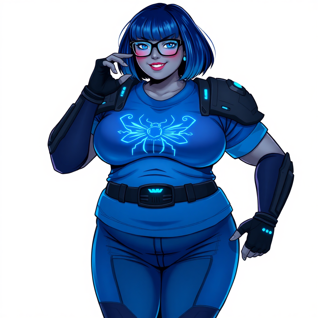 A 28-year-old, full-figured, middle gray skinned computer program hybrid with a maximum blue bob cut. She has a non-athletic build, highlighted by a prominent, round, large midsection (with emphasis on her large belly), which shows the aftermath of her pampering. As the heavily pampered digital sidekick to her cyberpunk vigilante boyfriend, her middle gray metallic skin and maximum blue lipstick emphasize her digital nature. She wears a digital, computerized costume inspired by DC’s Carrie Kelly Robin, consisting of a huge, tight-fitting, maximum blue t-shirt with a neon blue glowing chest icon of a beetle, hi-tech shoulder pads with neon blue accents, a black hi-tech belt with a digital neon blue glowing buckle, digital maximum blue pants with neon blue accents, and black hi-tech fingerless biker gloves with neon blue glowing accents. Her neon blue glowing eyes, black eyeglasses with a neon blue glowing HUD built into the lenses, and shy smile with neon red blush accentuate her nerdiness. She stands bashfully with one hand behind her back and the other hand gently touching her cheek, her costume covering all her skin and emphasizing her full-figured physique (especially her belly). She is clearly non-athletic, with a focus on her full-figured physique. Despite her build, she radiates beauty. She has a slim face compared to her physique, accentuating her radiant beauty. She is on a solid white background. She is drawn as if she were in a retro 2D cyberpunk fighting game.