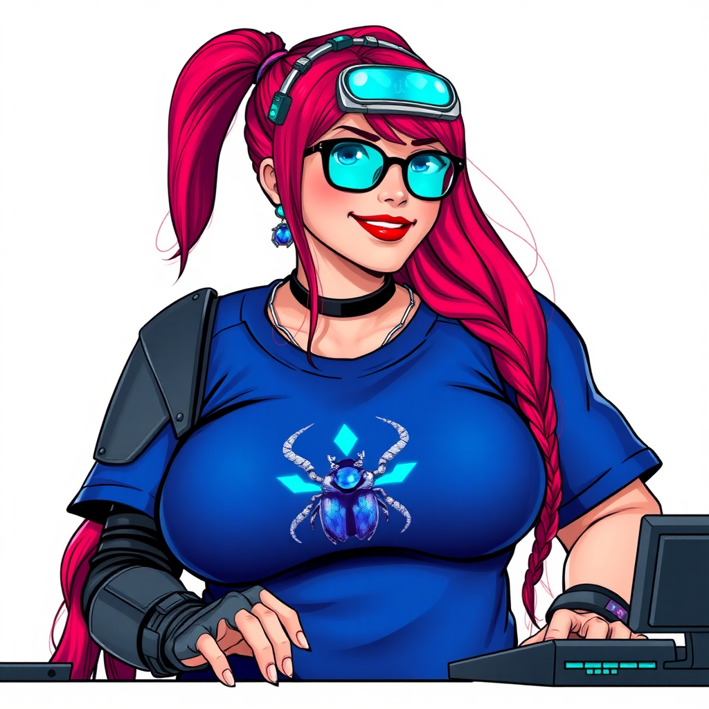 A cyberpunk vigilante’s full-figured intelligent and tech-savvy 29-year-old girlfriend, who is a computer hacker and tech genius. She has a long ruby red ponytail. She wears maximum blue lipstick, bright blue eyes, a sapphire beetle gemstone necklace, sapphire earrings, black eyeglasses, hi-tech metal arm armor, and an oversized maximum blue t-shirt featuring a blue sapphire gemstone crusted beetle chest icon. She has a full-figured physique with a prominent, massive, round belly, reflecting her well-cared-for lifestyle. She sports a sapphire headset with a hi-tech maximum turquoise lensed HUD, and a shy smile with a neon red blush. She serves as his tech expert from his hideout, diligently working at her lab table and computer desk. The background is solid white. She is drawn as if she was in a retro 2D cyberpunk fighting game.