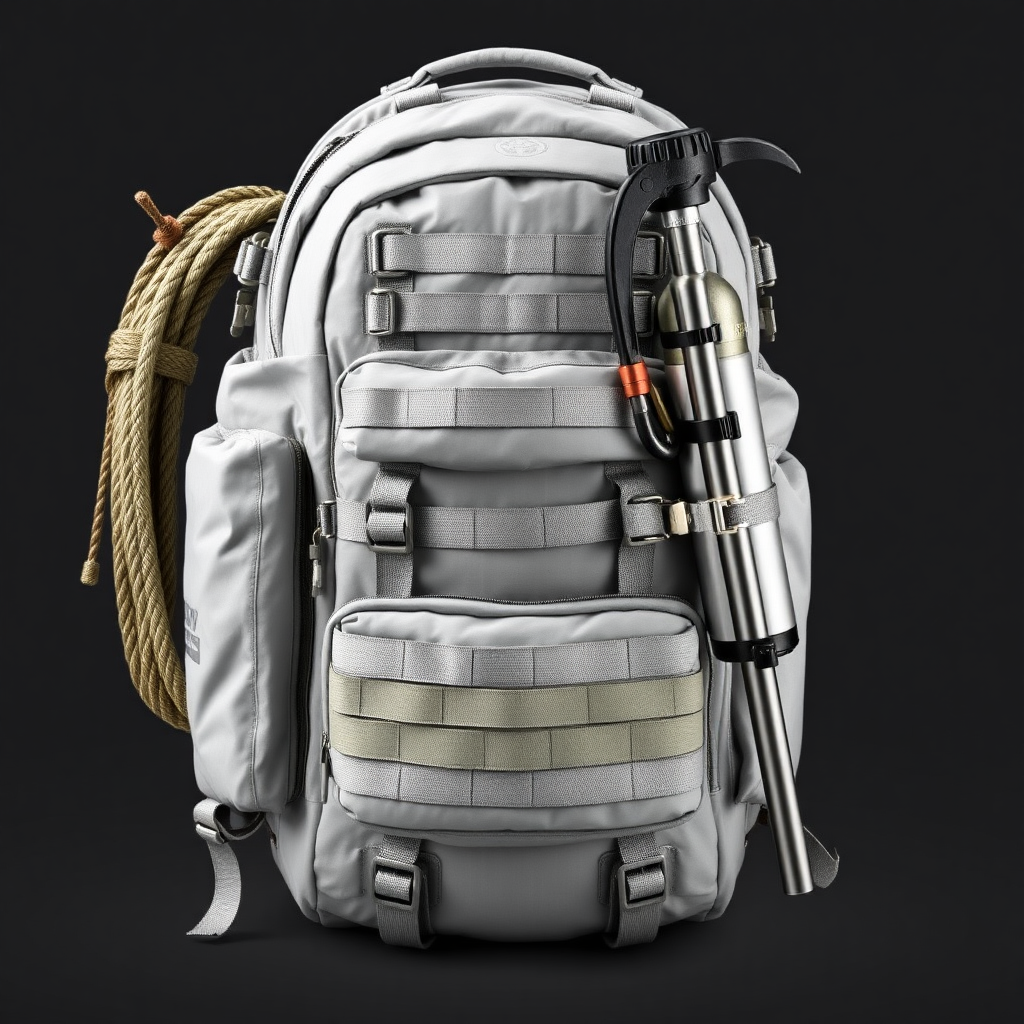 This is a light grey, armoured tactical backpack designed for the harshest conditions. Its surface is made of a dense, damage-resistant material, giving a feeling of reliability and protection. On the front of the backpack there are numerous tactical pockets and attachment points for equipment. On the left side is a coiled strong rope, ready for quick use, with a carabiner securely fastened to the attachment. On the right side of the backpack hangs an ice axe, fixed with metal latches, adding to the character of a severe mountaineering or rescue equipment. At the bottom of the backpack, on the straps, an oxygen cylinder is tightly attached - an indispensable element for survival at high altitudes or in extreme situations. This backpack is not just a container for things, but a full-fledged tool for survival and adventure, ready for any challenge.