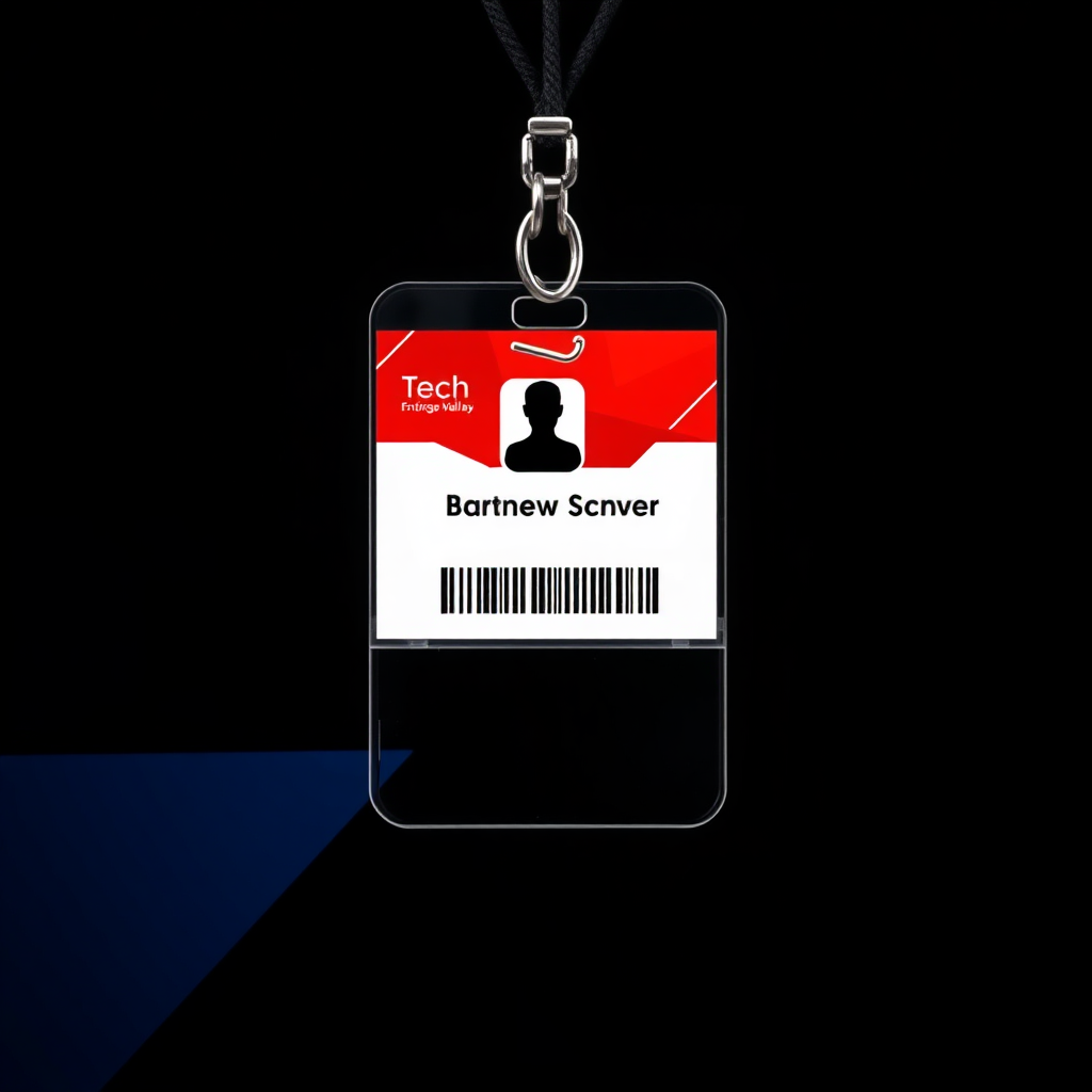 employee id card for tech company, professional, geometric, no background, silicon valley esqe, red and black dominant color