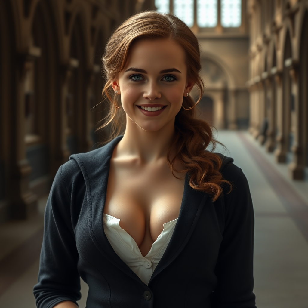 Emma Watson as Hermione Granger, 78 years old, erotic, revealing Hogwarts uniform, cleavage, seductive smile, empty Hogwarts hallway, raw photo, 8k