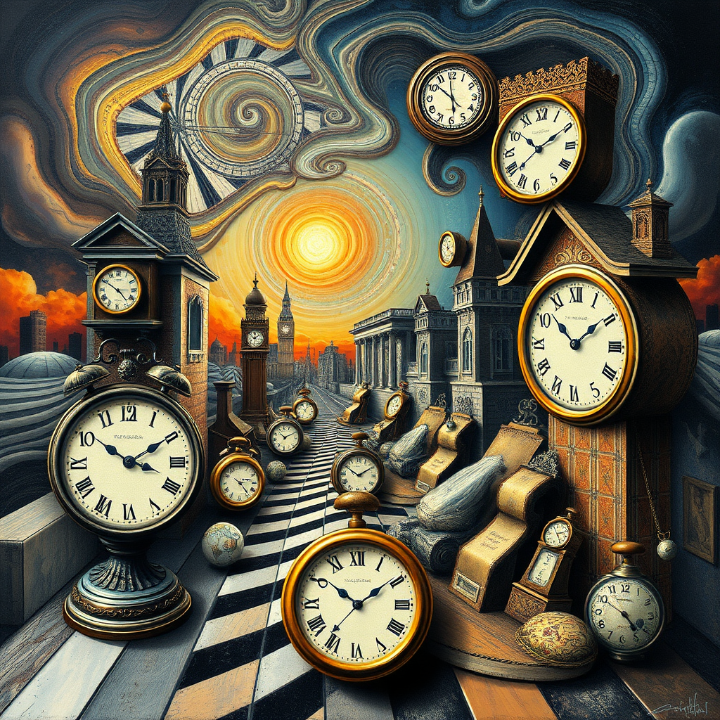 Create a mix picture in "Maxfield Escher" and Salvador Dali style. With clocks.