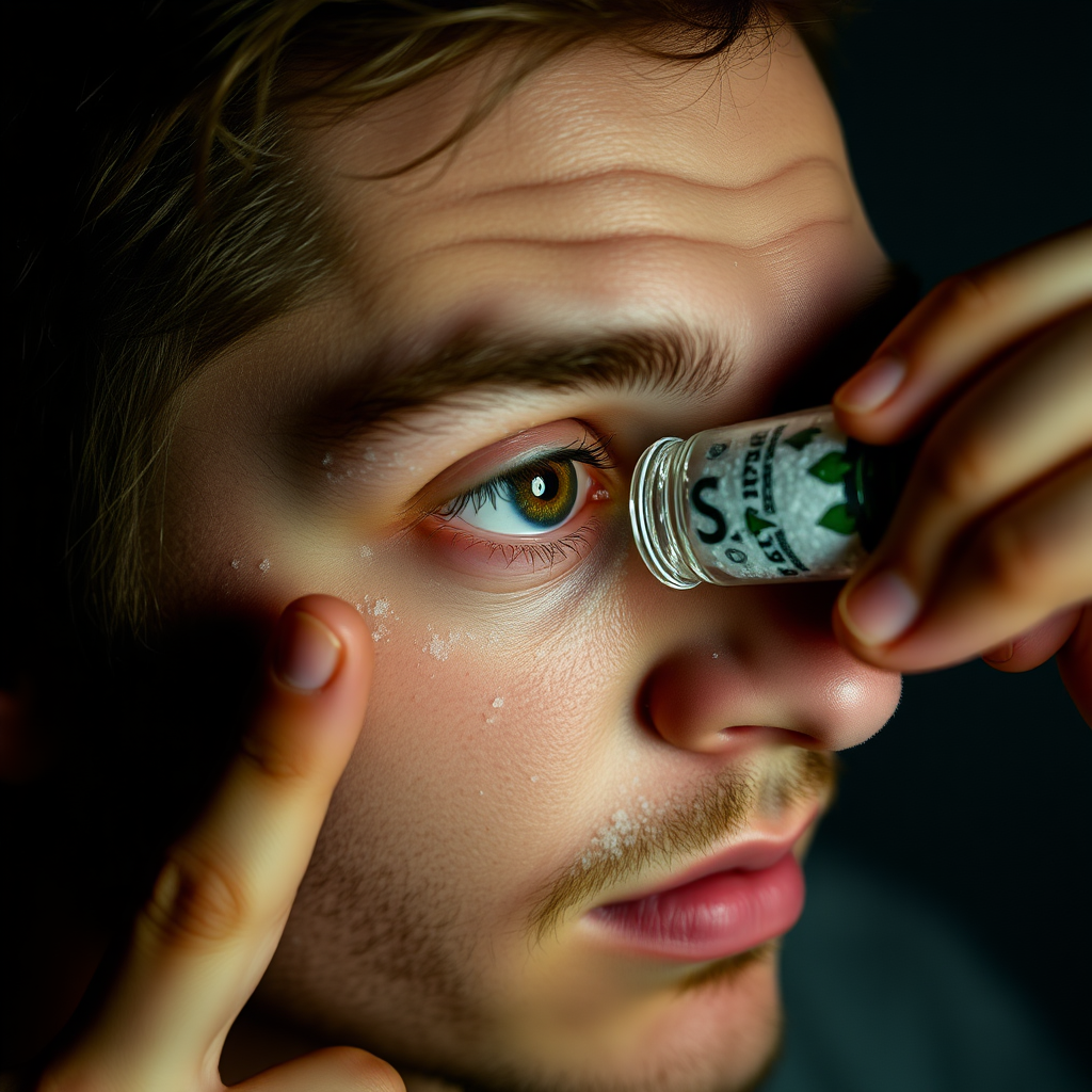 person putting salt from a salt shaker onto his eye