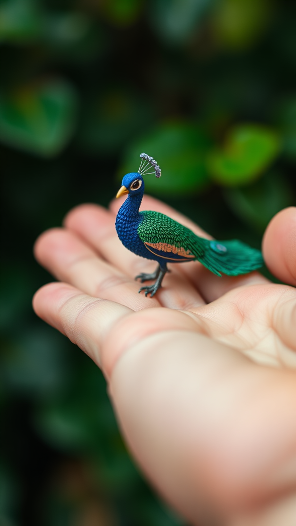 A small tiny miniatures blue peacock on hand.