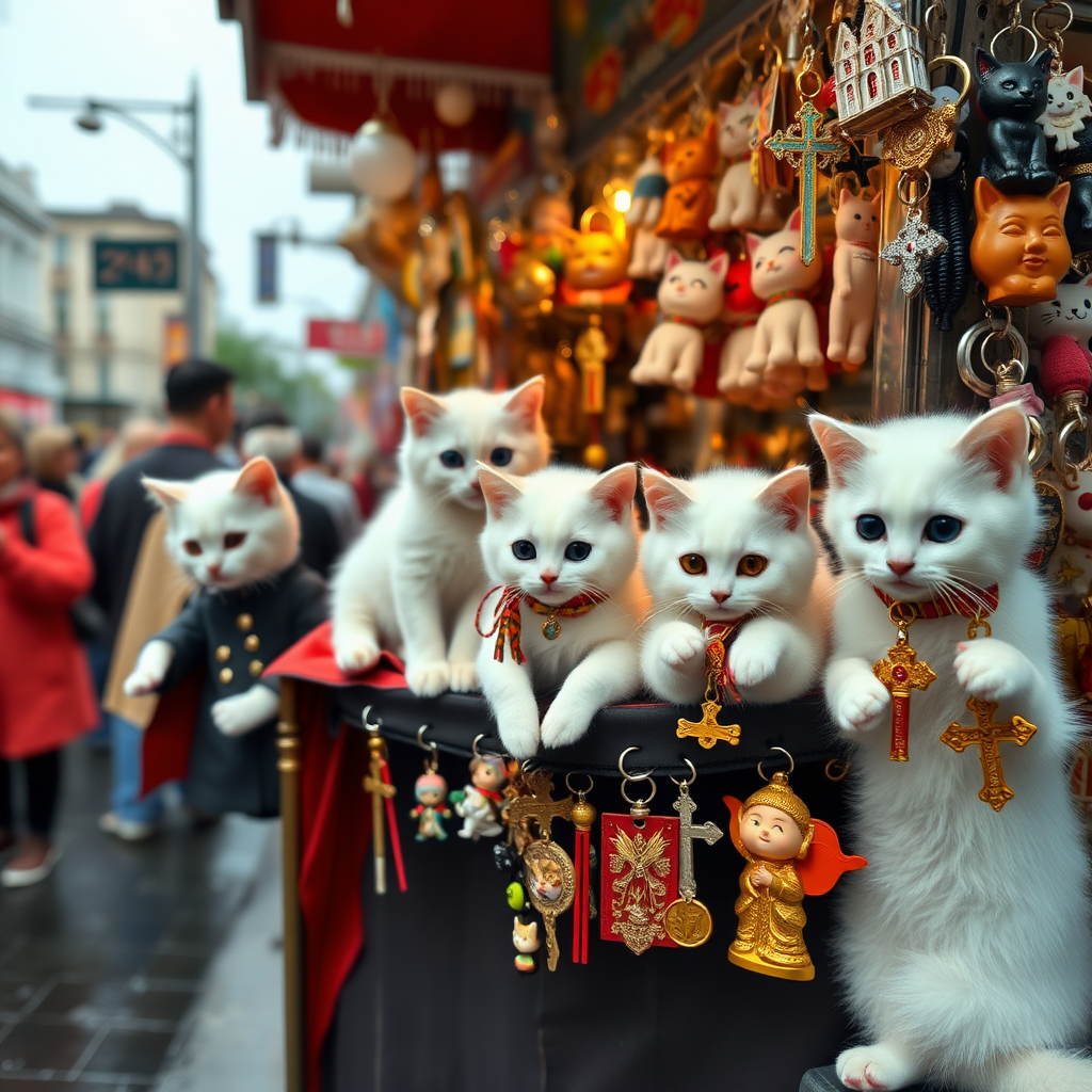 A street stall staffed by white kittens filled with kitschy keychains for tourists in hell, cats, Catholic, vampire, cross, Buddhism, tacky, rainbow, raining.