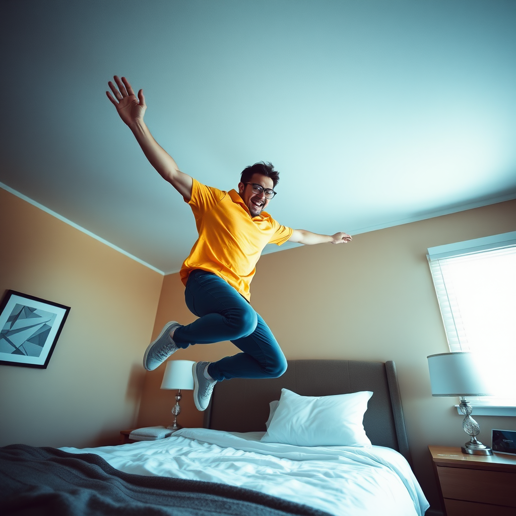 Guy jumping to his bed